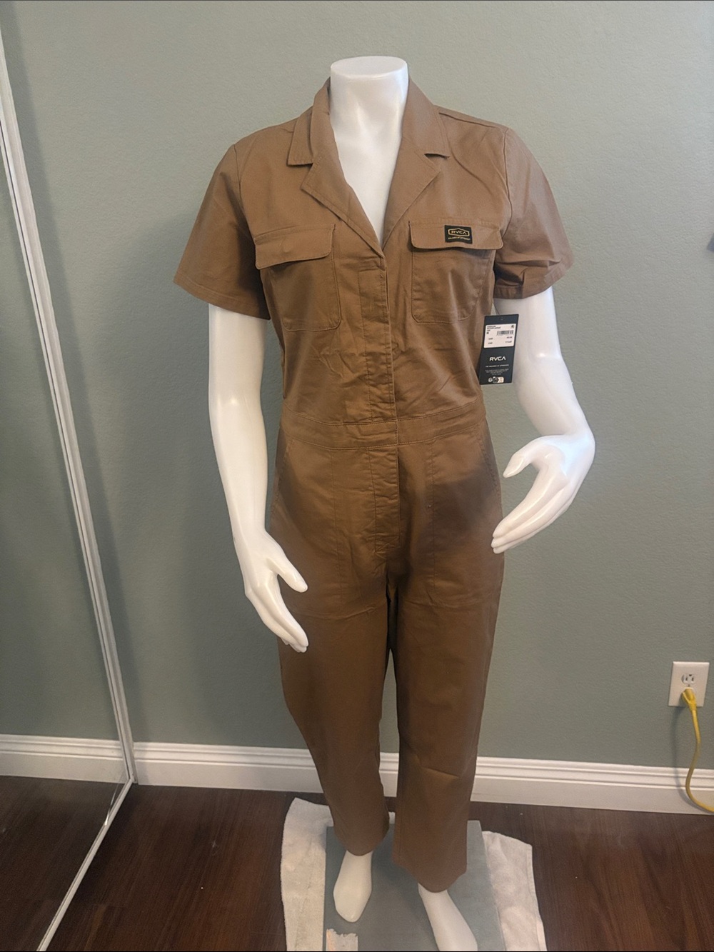 RVCA Women’s Short-Sleeve Utility Jumpsuit in Tan